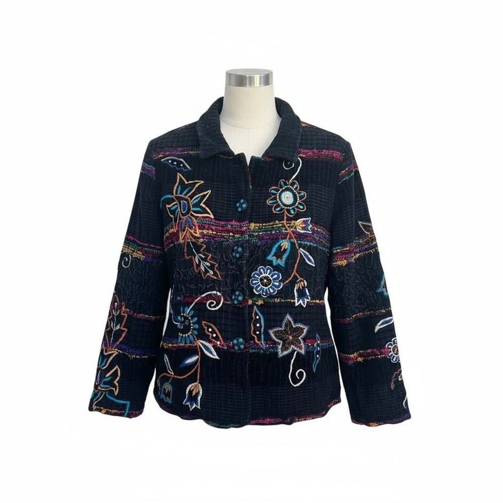 Vintage Julia Kim Embroidered Boho Jacket Beaded 90s Floral Eclectic Womens XL